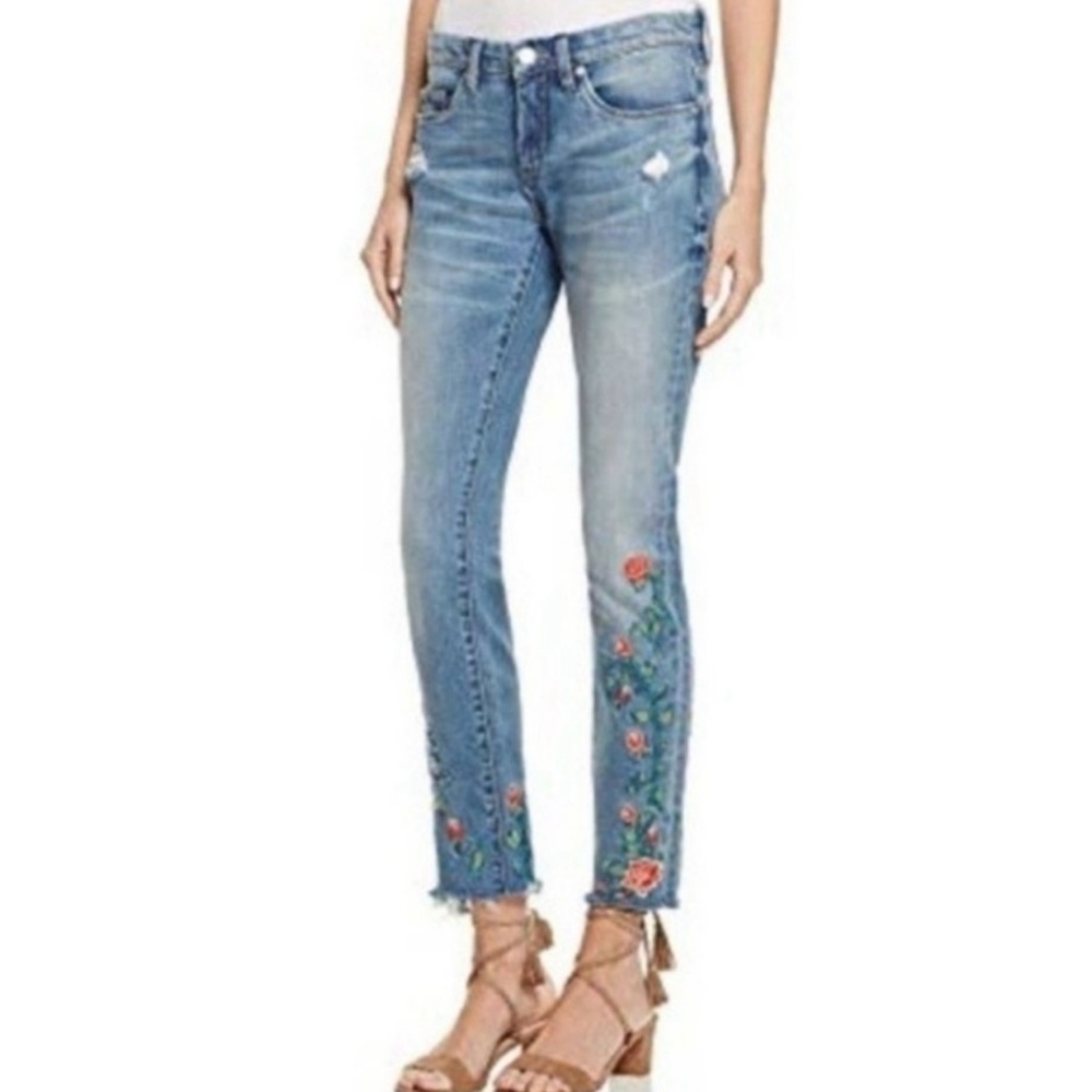 Blank NYC Blue Ankle Cropped Jeans with Floral Embroidery